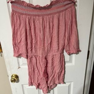 pink off the shoulder quarter sleeve romper